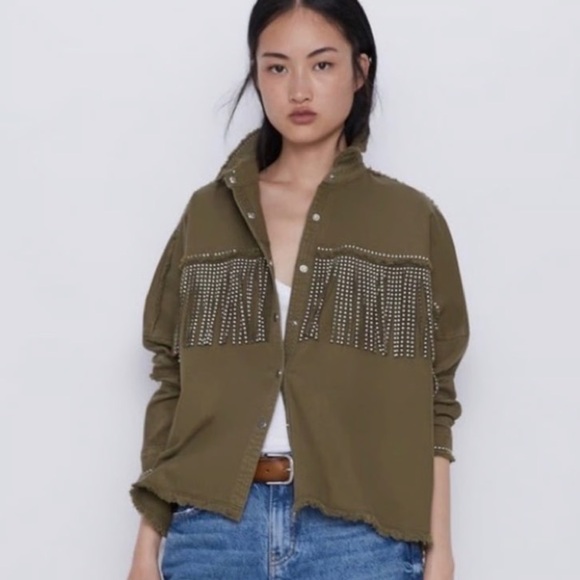 Zara Jackets & Blazers - Zara Green Studded Fringe Shacket Overshirt